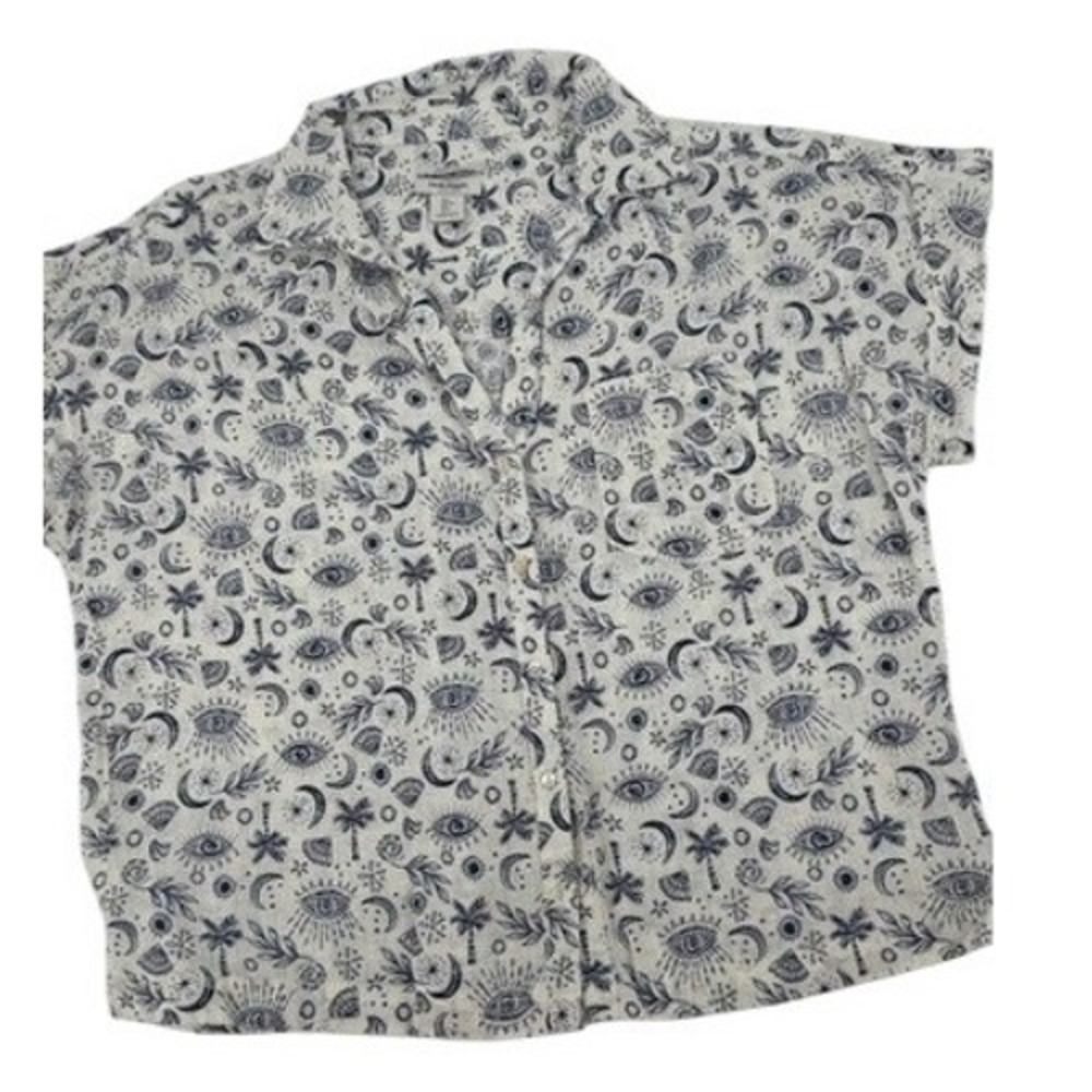 Haute Hippie Style Linen Top Womens L White Navy Celestial Eye Moon Boho Shirt